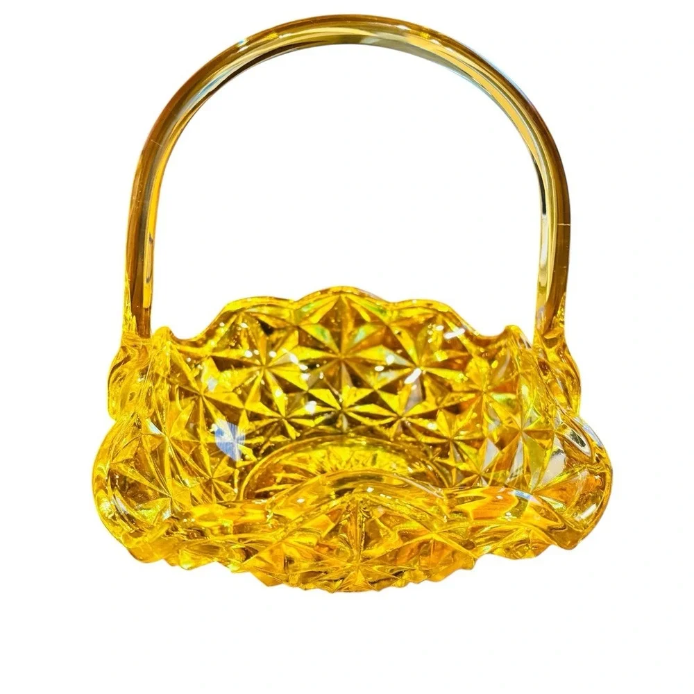 Vintage Indiana Glass Amber Daisy & Button Handled Basket Candy Dish
